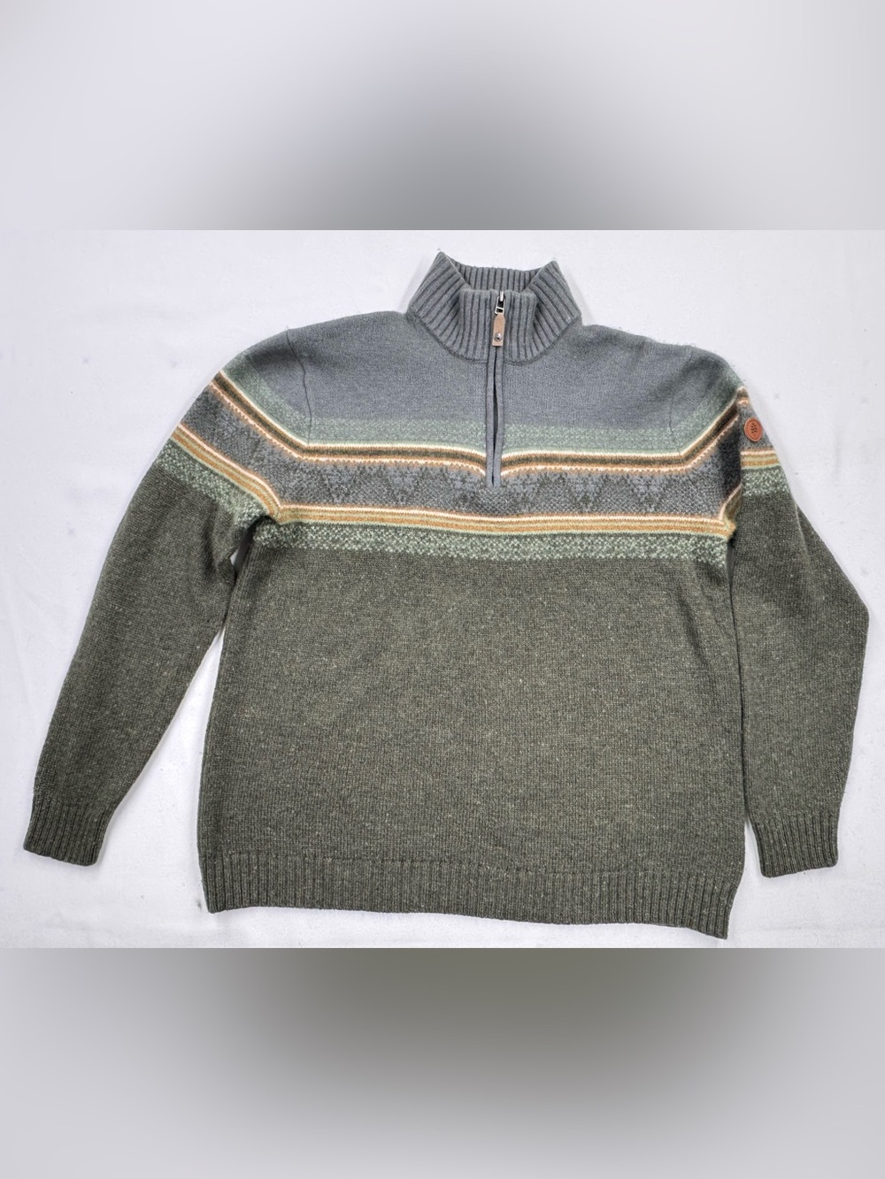 Royal Robbins Sequoia 1/4 Zip Merino Wool Sweater XL Green Gray Striped